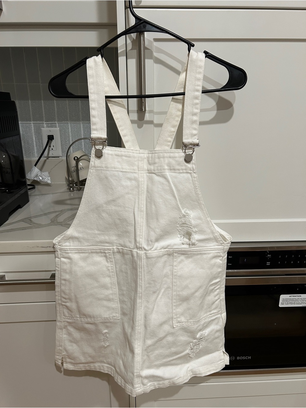 White Denim Overall Mini Dress with Front Pockets